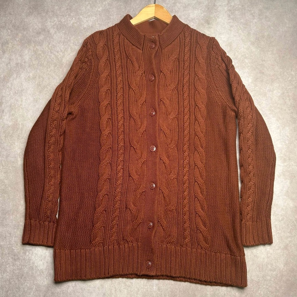 LL Bean Womens XL Cable Knit Cardigan Sweater Rust Brown Cotton Mock Neck